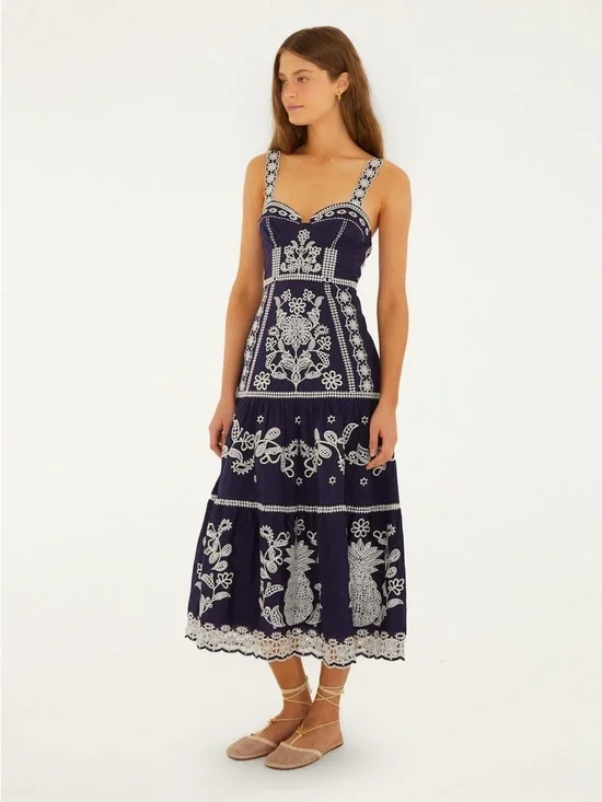 Farm Rio Blue Richelieu Embroidered Midi Dress - Picture 4 of 5